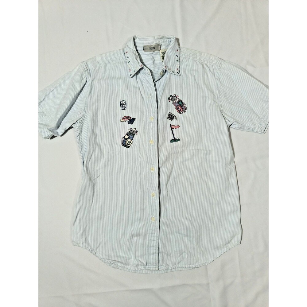 Northern Reflections Women's XS Blue White Pinstripe Embroidered Golf Button Shi